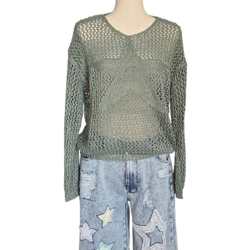 Muted Green Open Knit Star Sweater Large Boho Lightweight Layering Top